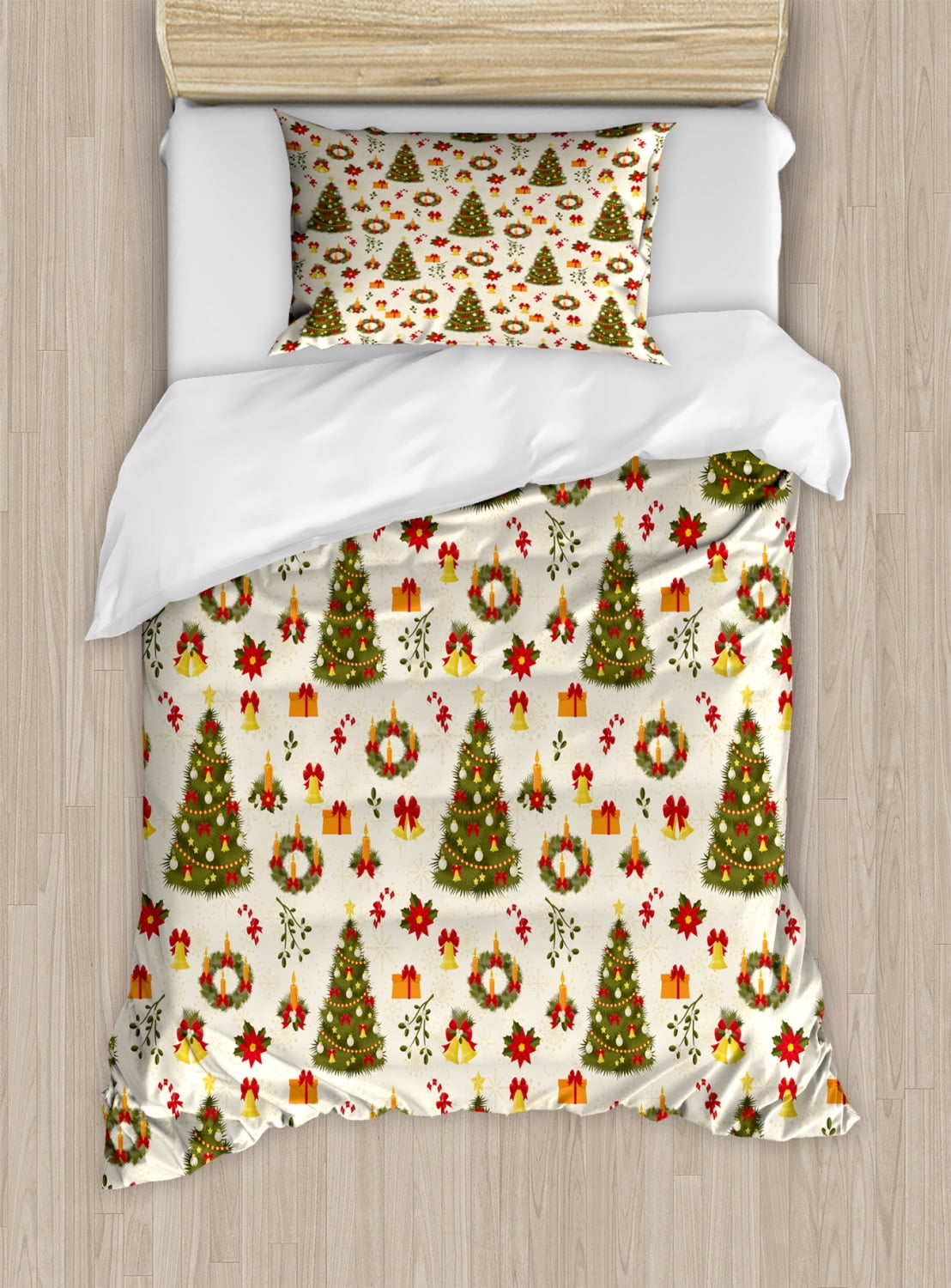 Christmas Twin Size Duvet Cover Set, Fir Tree Garland and Bells Festive Ornaments Xmas Themed
