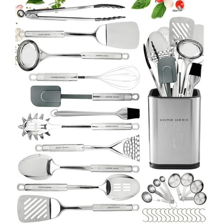

32 Pcs Stainless Steel Kitchen Utensils Set - Nonstick Stainless Steel Cooking Utensils Set - Heat Resistant Kitchen Essentials & Metal Kitchen Gadgets (32 Pcs Set)
