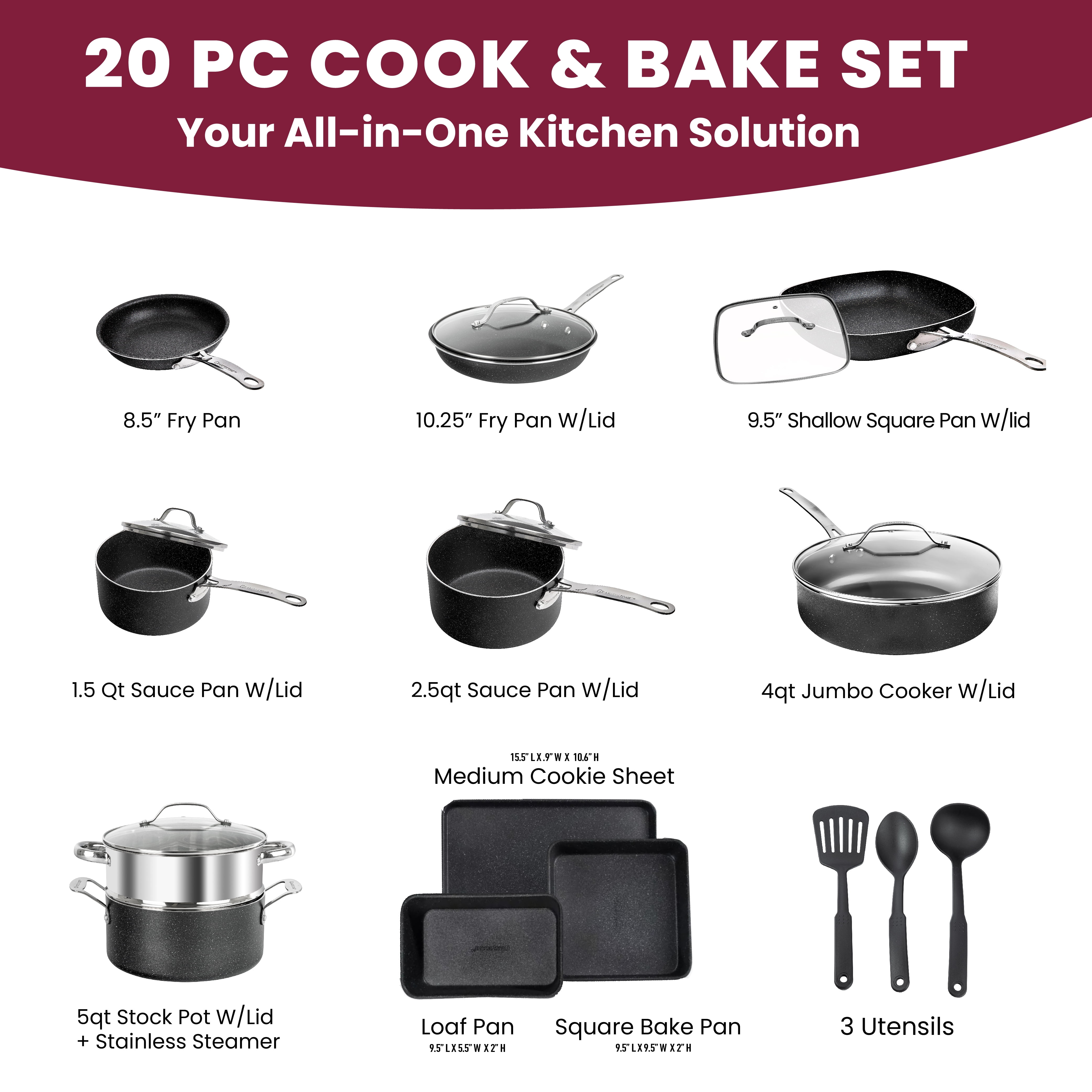 Bakken-Swiss 20-Piece Kitchen Cookware Set – Granite Non-Stick –  Eco-Friendly – for All Stoves & Oven-Safe - Marble coating