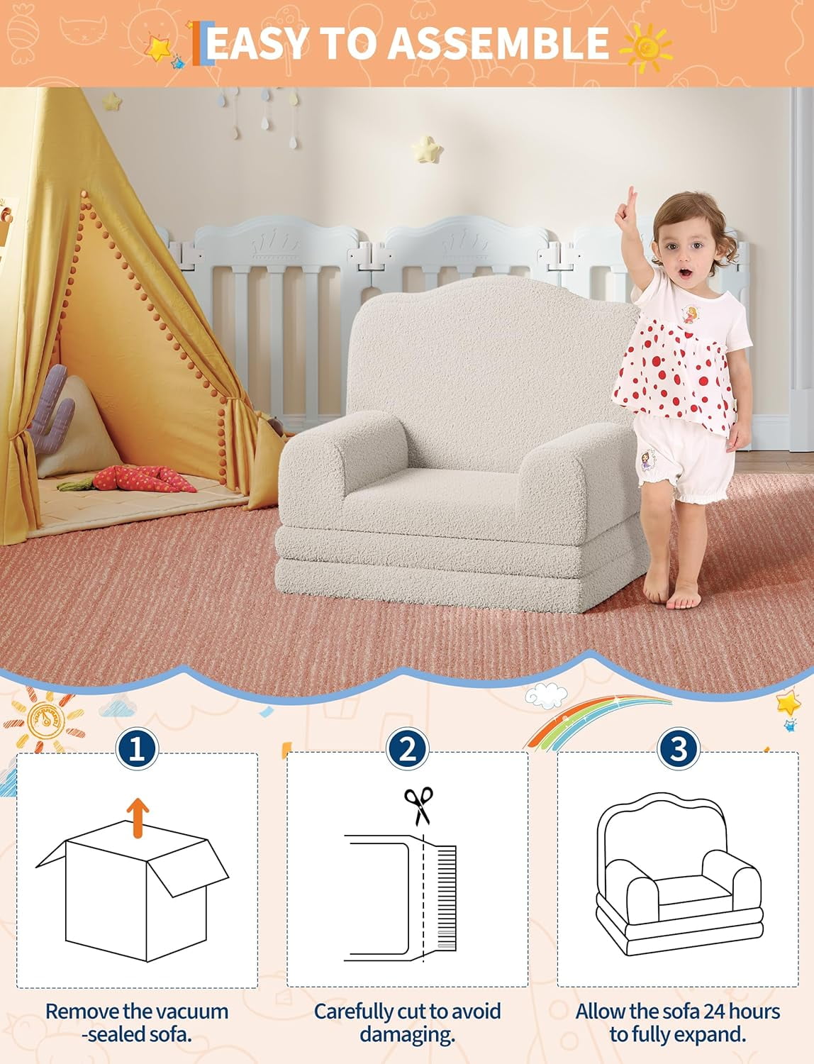 Kids Couch, 2-in-1 Convertible Teddy Fleece Fabric Toddler Sofa Chair, Soft Fold Out Couch Lounger for Kids, Comfy Children's Sofa Bed for Playroom, Nursery, Birthday Gift (White Crown)