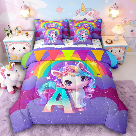 Manfei Animal Unicorn 7-Piece Twin Bedding Sets,Rainbow Initial Bedding Comforter Set,Starry Sky Breathable Sheet Sets,Breathable Flower Room Decoration,Reversible