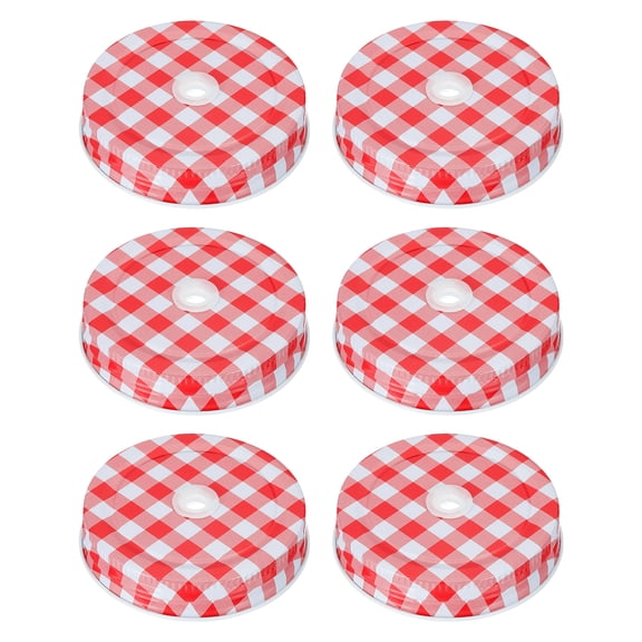 6pcs Mason Jar Lids 2.76" Tinplate Canning Covers with Straw Hole, Red Gingham