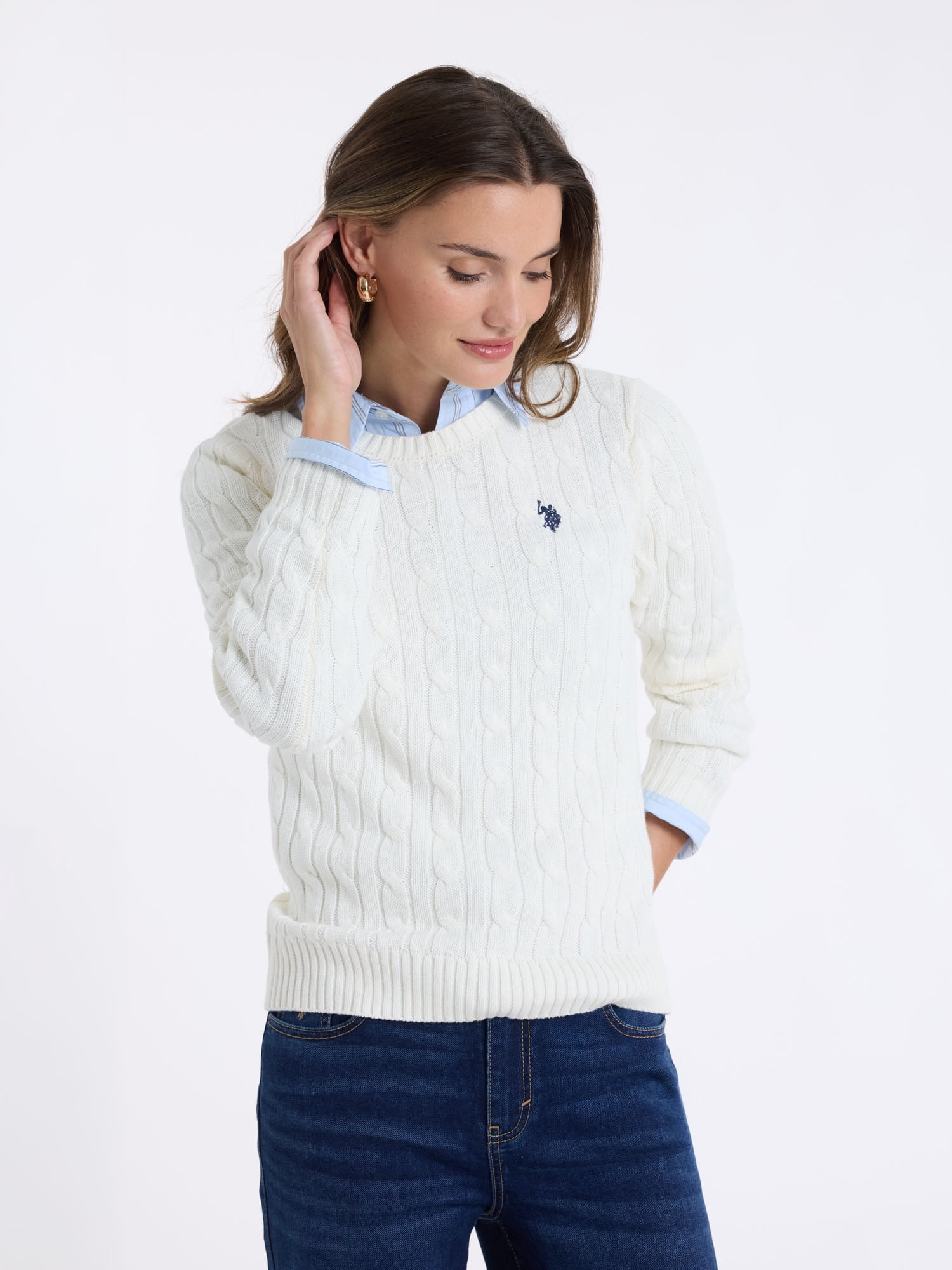 U.S. Polo Assn. Women's Classic Cable Crew Neck Sweater, Sizes XS-XL