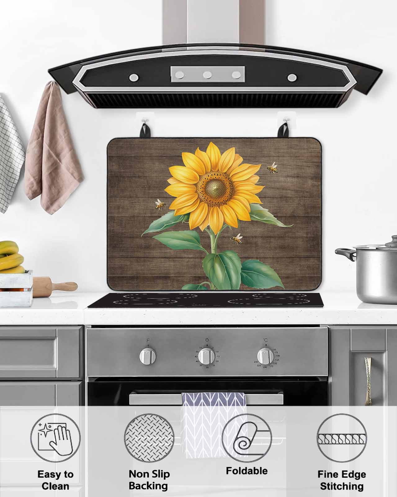 Large Induction Cooktop Protector Mat Sunflower Stove Top Covers for Electric Stove, Yellow Flowers Bees Wooden Pastoral Decorative Stove Burner Cover Mats, Glass Top Stove Cover