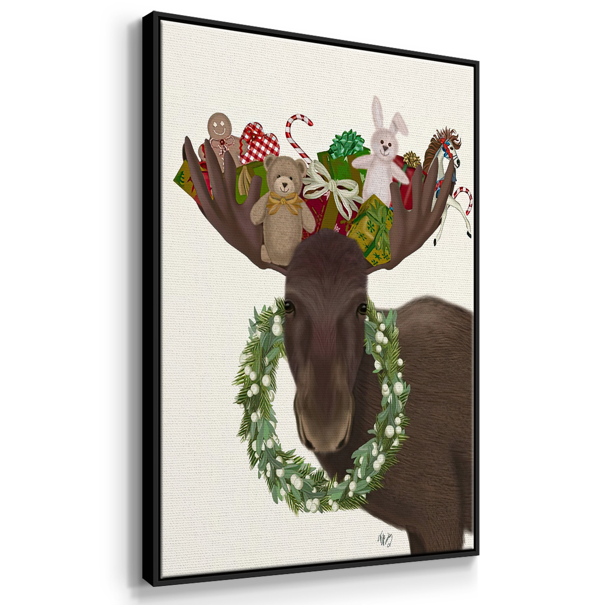 Christmas Moose and Christmas Gifts - Framed Gallery Wrapped Holiday Canvas - 17 x 25 - Black Frame