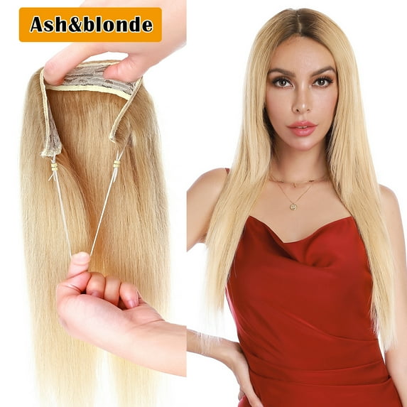 SEGO Thick Hidden Wire in Hair Extensions 100% Remy Human Hair Extensions with Invisible Band Translucent Fish Line Hairpiece Without Clip