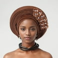 thumbnail image 3 of Riforla Auto African Head Tie of Aso Oke Headwraps Hat Turban Wedding Party Handmade Elegant Hair Wear Cap Womens Hats Brown, 3 of 3