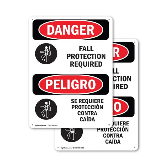 (2 Pack) Fall Protection Required Bilingual OSHA Danger Sign 10 Inch X 14 Inch Plastic Sign, Weather Resistant, UV Protected for Workplace, Business, and Construction Site, Made in the