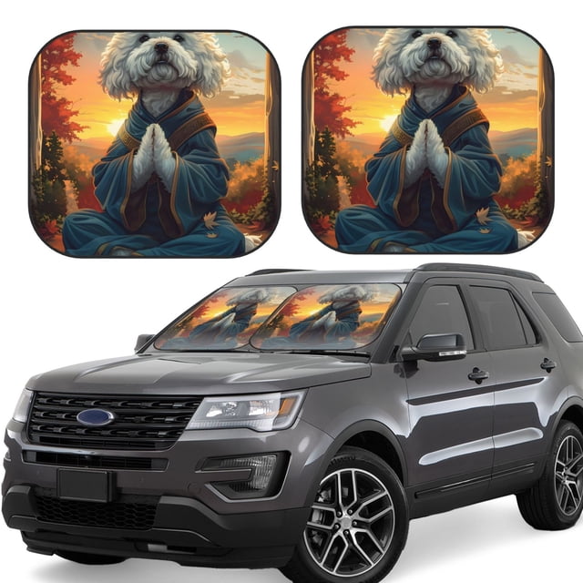 Fotbe Sunset Meditating Bichon Frise Juego de 2 Piezas de Parasoles para Parabrisas | Bloqueador Solar para Auto | Accesorios Plegables para Protección Solar Interior-Medium