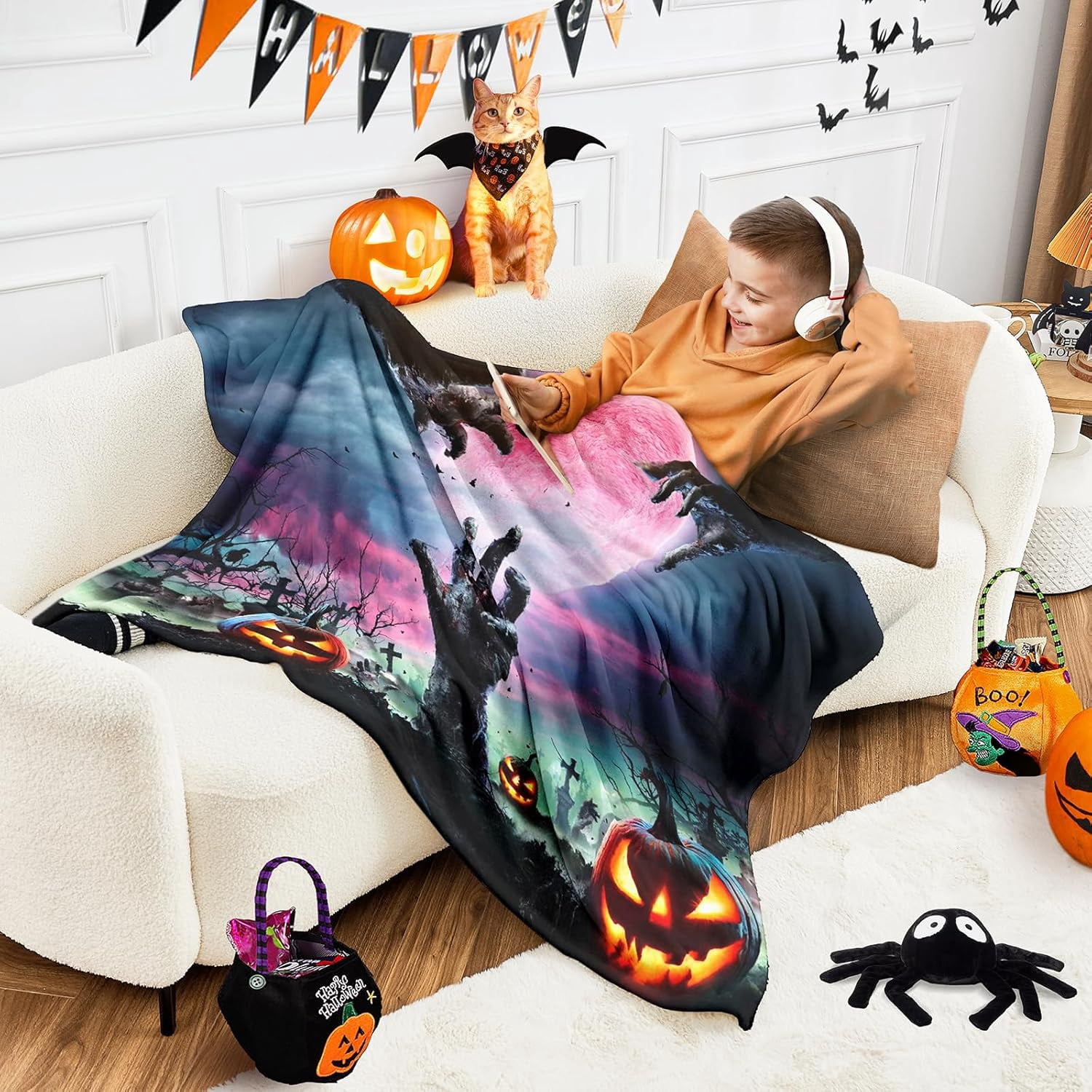 Halloween Throw Blanket Pumpkins Spooky Hands Scary Tombstones Throw Blanket Decorative Lightweight Fuzzy Soft Plush Fleece Blankets and Throws Couch Sofa Bed Blanket 50x60