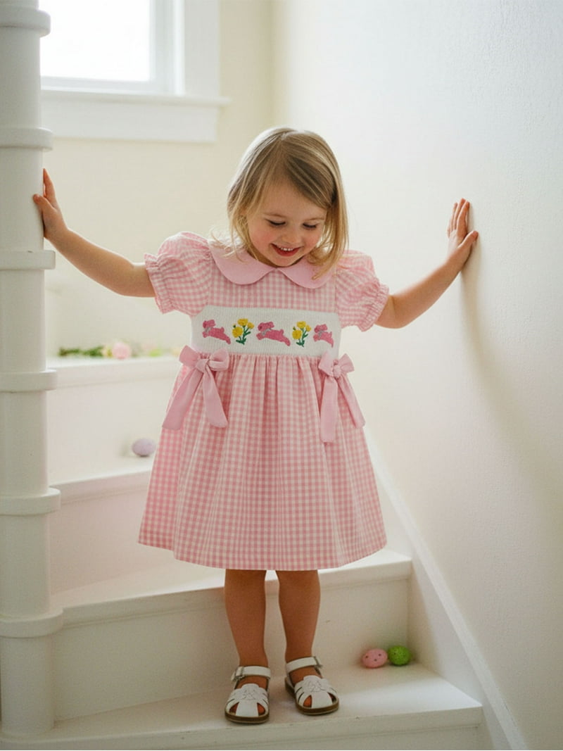 short sleeve easter dresses Toddler Little Baby Girl Easter Outfit Bunny Embroidery Smocked Dress Short  Sleeve Doll Collar Bow Plaid Easter Dress Cute Summer Clothes