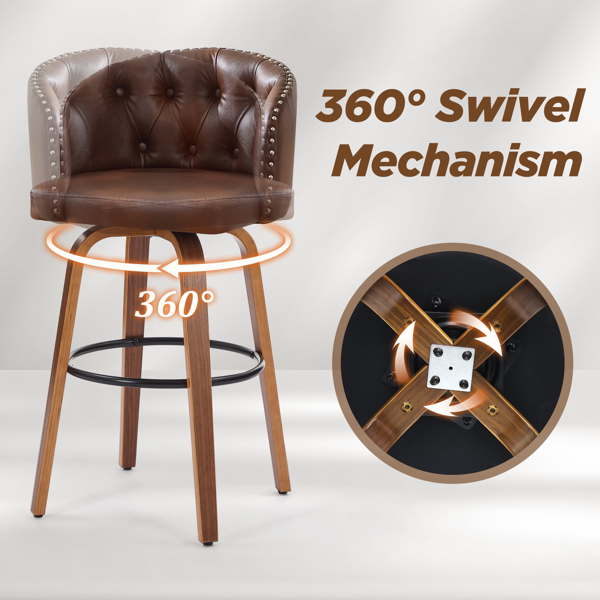 Fahomiss 28" Swivel Bar Stools with Back Set of 4, Leather Farmhouse Bar Height Stools, Brown