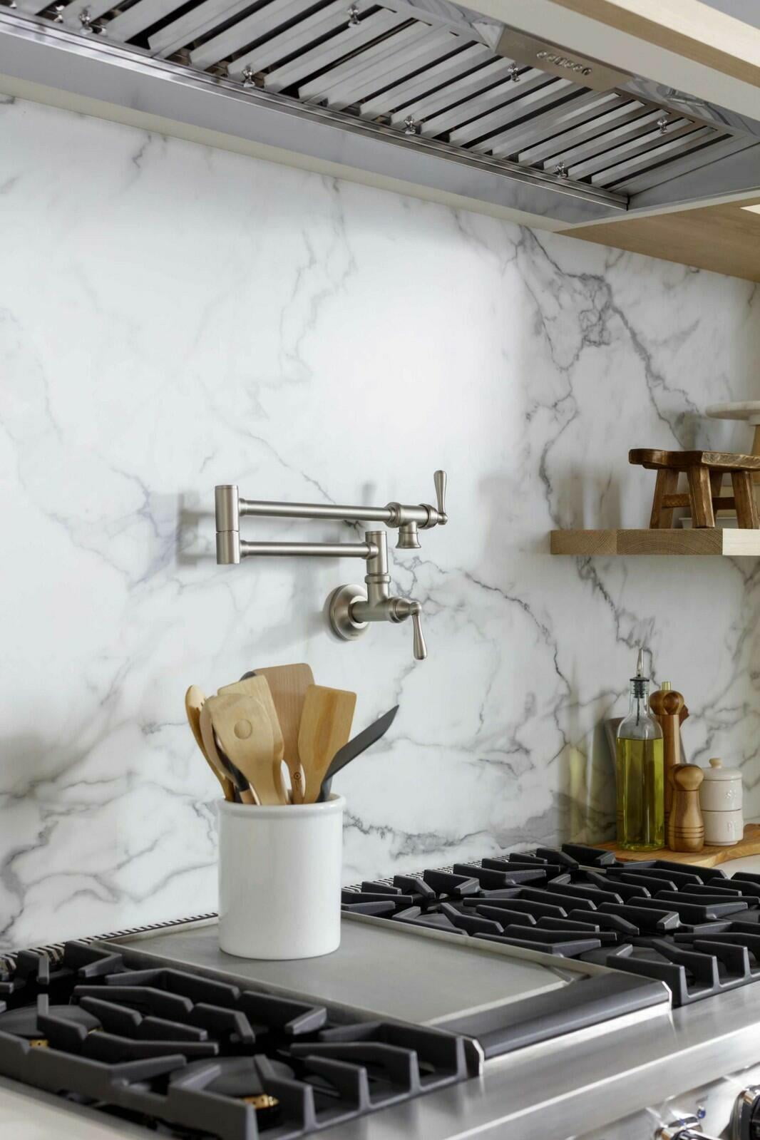 MOEN S664BZG Traditional Pot Filler Double Handle Wall Mount Kitchen Pot Filler in Bronzed Gold