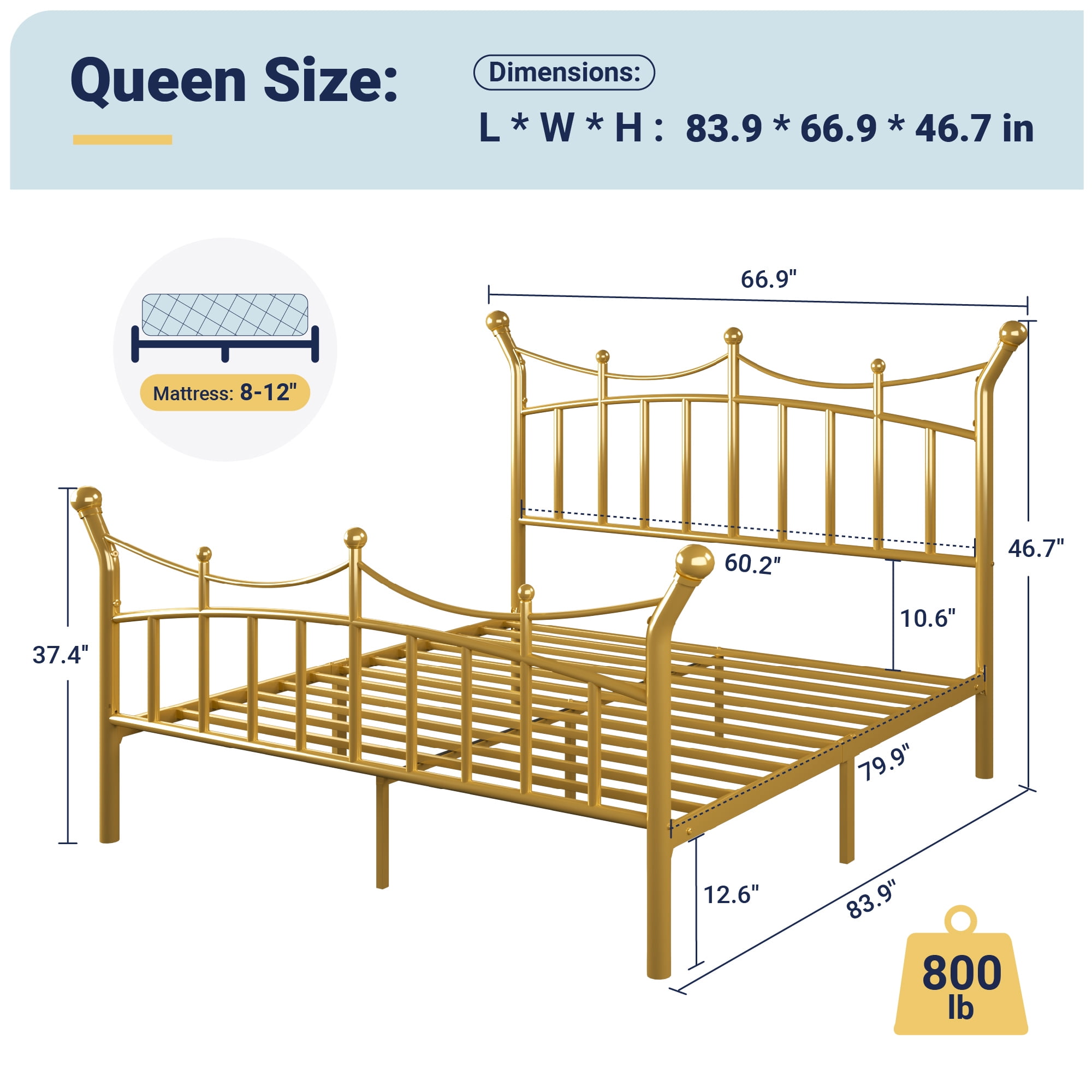 Allewie 14 Inches Queen Size Metal Platform Bed Frame with Elegant Crown Headboard & Footboard, Sturdy Mattress Foundation with Under-Bed Storage, Easy Assembly, No Box Spring Needed, Gold