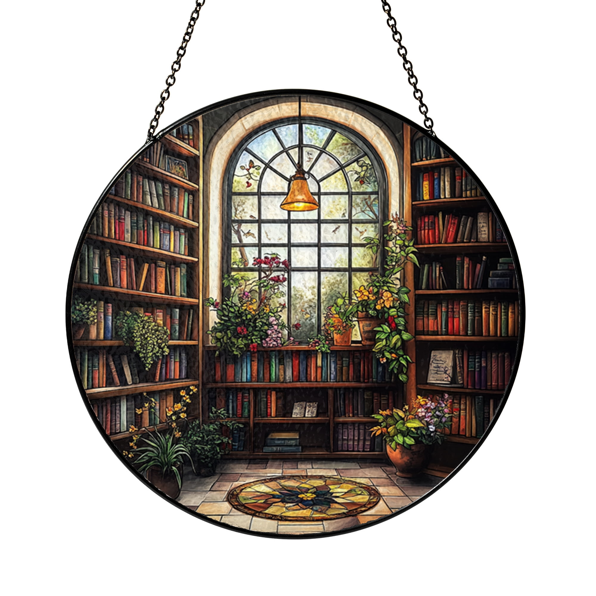 Literary Bookstore Window Hanging Stained Glass Suncatcher Warm Bookish Decor Gift for Readers