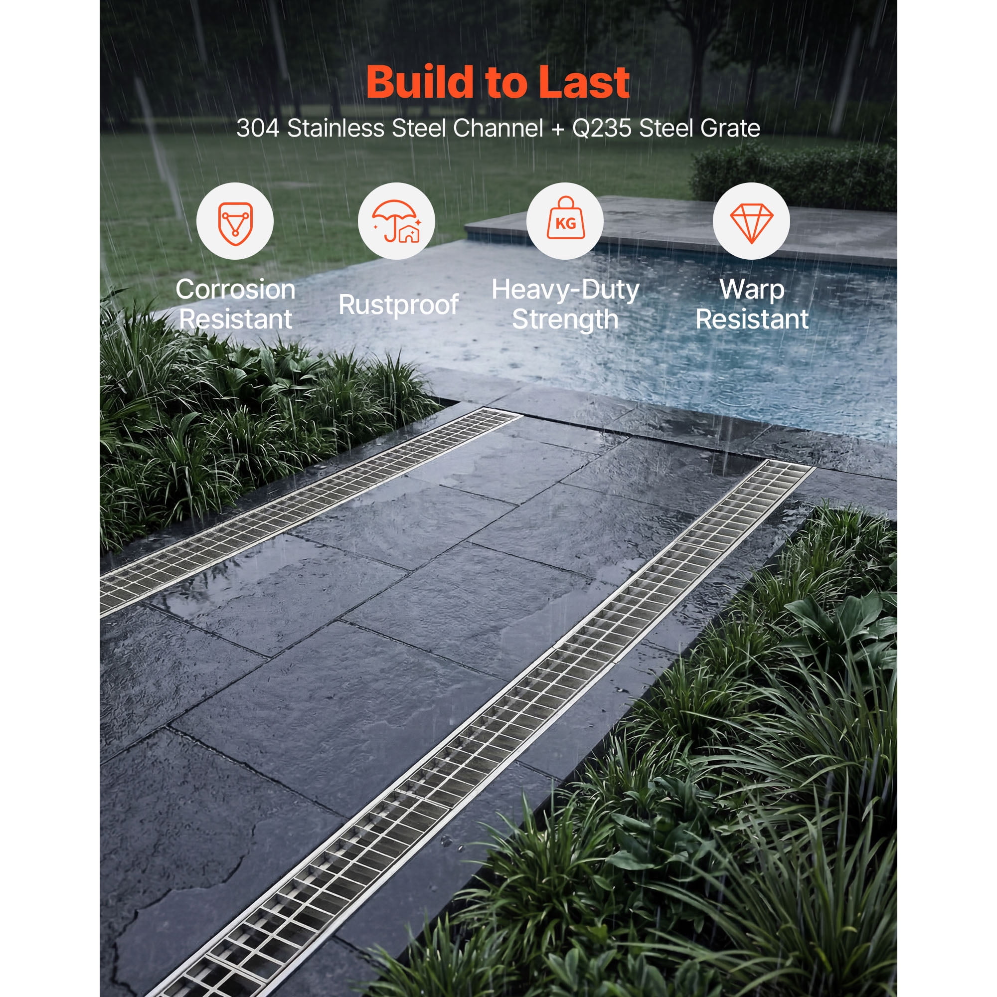 KFFKFF Trench Drain, 43.3 x 5.8 x 5.5 in, Linear Drainage Channel with Carbon Steel Grate, 304 Stainless Steel Channel, Durable Outdoor Drainage Solution for Driveway, Patio, Pool, Garden, Silver