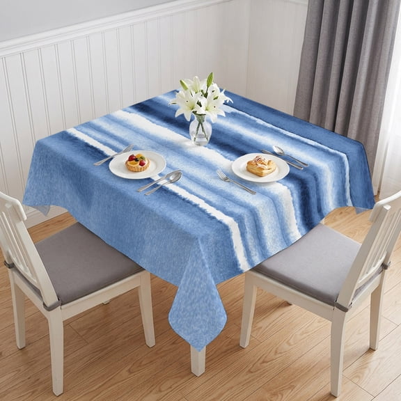 Blue Stripes Table Cloth Waterproof Tablecloths, Watercolor Retro Ombre Abstract Tie Dye Art Tablecloth Dining Table Cover for Kitchen Party Tabletop Outdoor, Square Tablecloth 54x54 Inch
