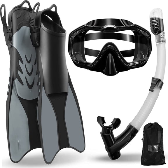 GKV Adults' 4-in-1 Snorkel Set – Panoramic Anti-Fog Mask, Dry Top Snorkel, Adjustable Fins & Travel Bag, Snorkeling Gear