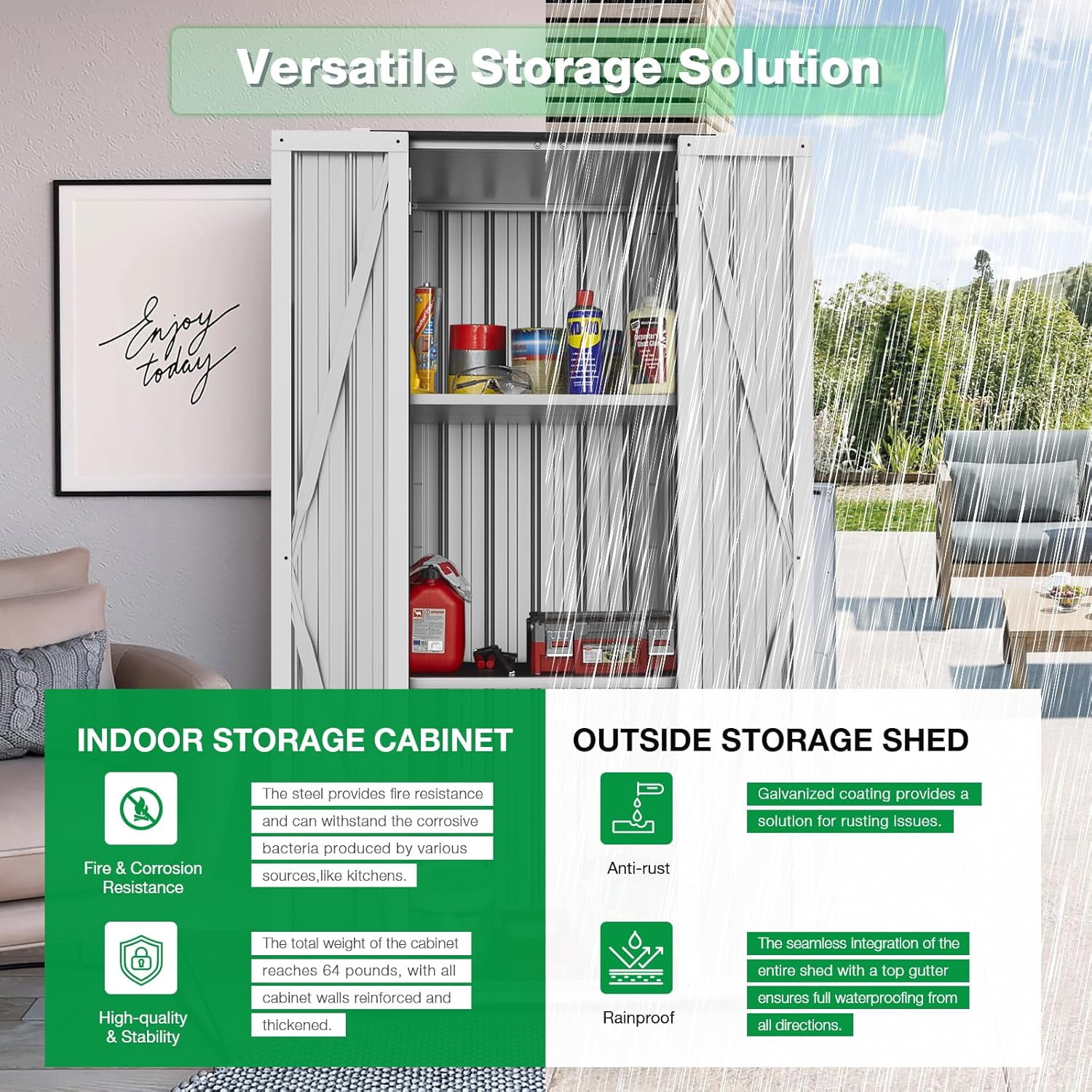 YODOLLA Outdoor Metal Storage Cabinet with Locking Doors and Adjustable Shelves for Home, Office,Garden(White)