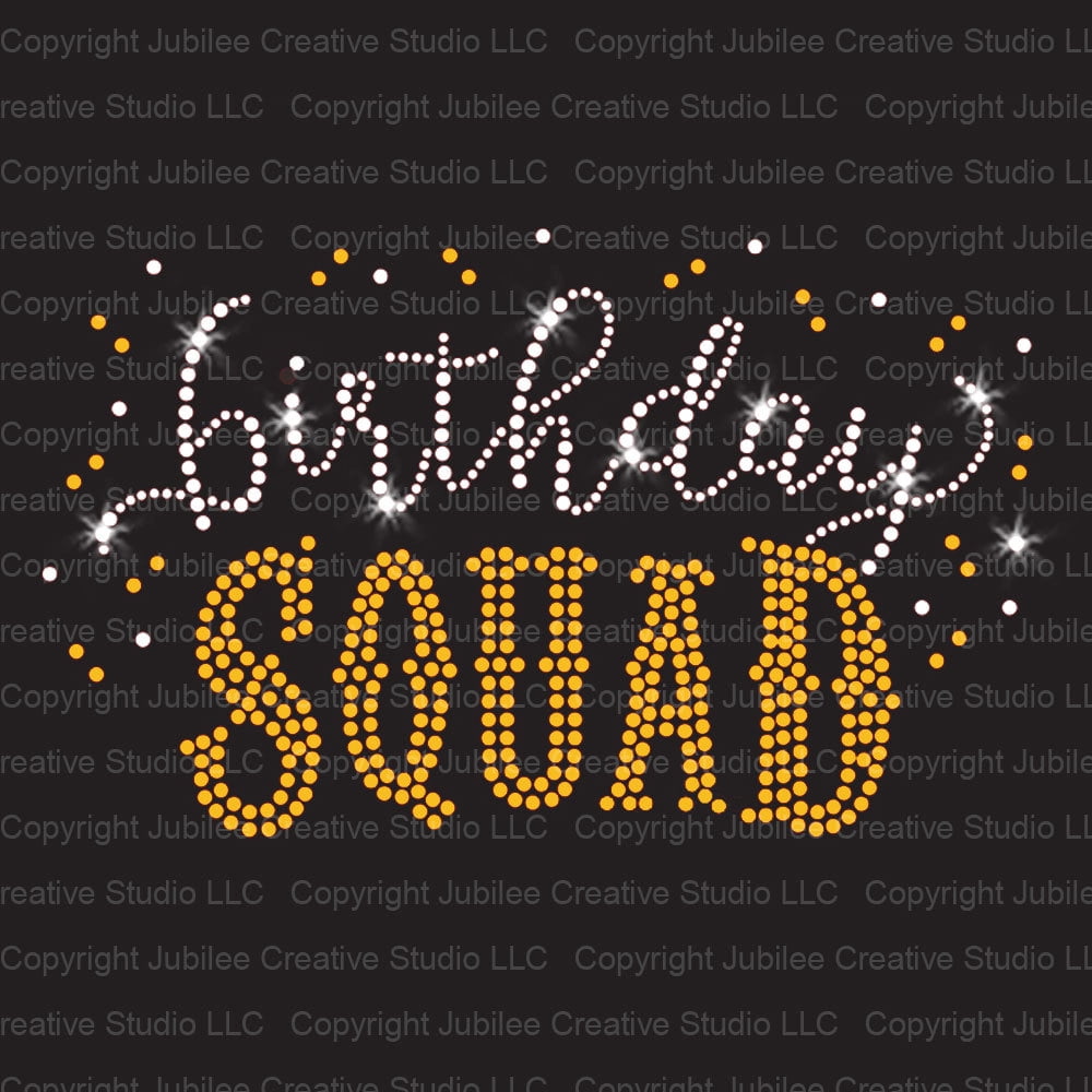 Birthday Squad Iron-on Clear Rhinestone & Gold Rhinestud Transfer by JCS Rhinestones