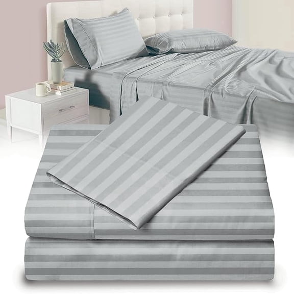 Twin XL 100% Microfiber Double Brushed Sheet Set - Extra-Soft & Wrinkle-Free - 15" Deep Pockets, 39" x 80" - Ideal for Dorms, Hospitals & Split King Beds - 3 PC Set (Twin XL, Silver Stripe)