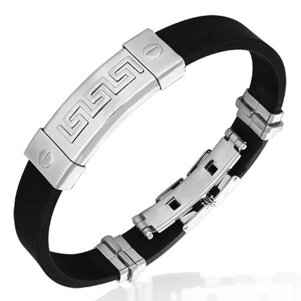 Stainless Steel Rubber Greek Key Mens Bracelet