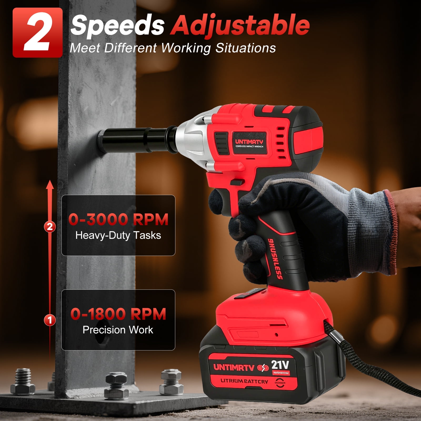 Cordless Impact Wrench, UNTIMATY 1/2 inch Brushless Impact Gun, Max Torque 320 Ft-lbs（430N.m） Impact Wrench with 21V Brushless Motor, with 3.0Ah Li-ion Battery & 7 Sockets,Red