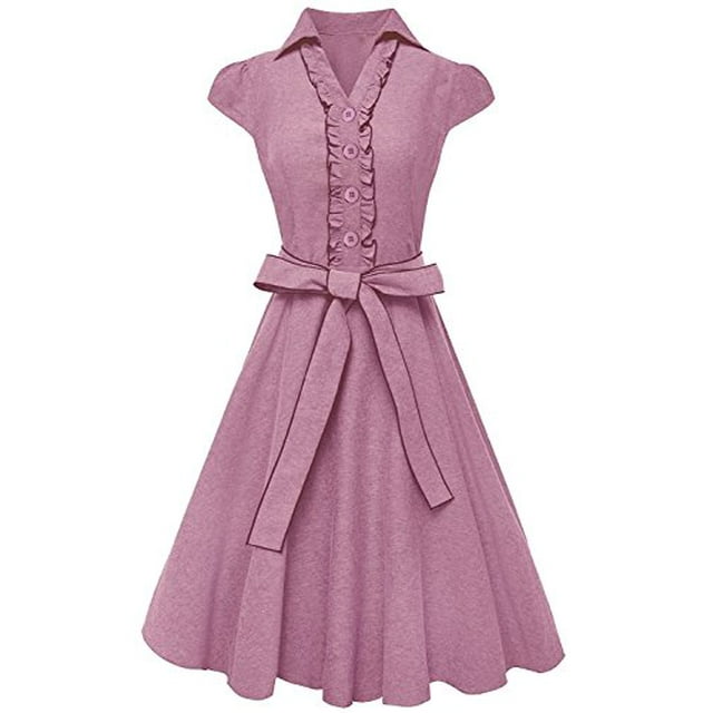 Peach Couture Robe d'Été 100 % Coton Col à Volants Manches Courtes Longueur Genou Rose Très Grand