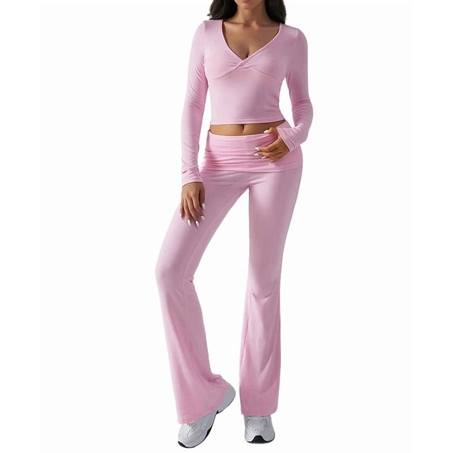 Conjunto Deportivo de 2 Piezas para Mujer, Camiseta de Larga, Pantalones Acampanados, Chándal Informal, Rosa, Talla XL