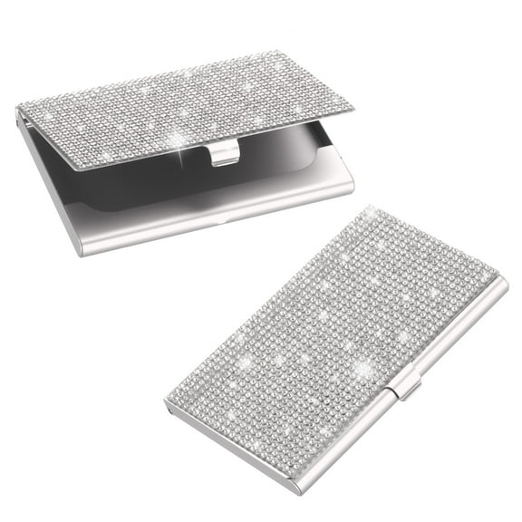 Small Business Card Holder, 2Pcs Alloy Name Card Holder Bling, Silver Tone