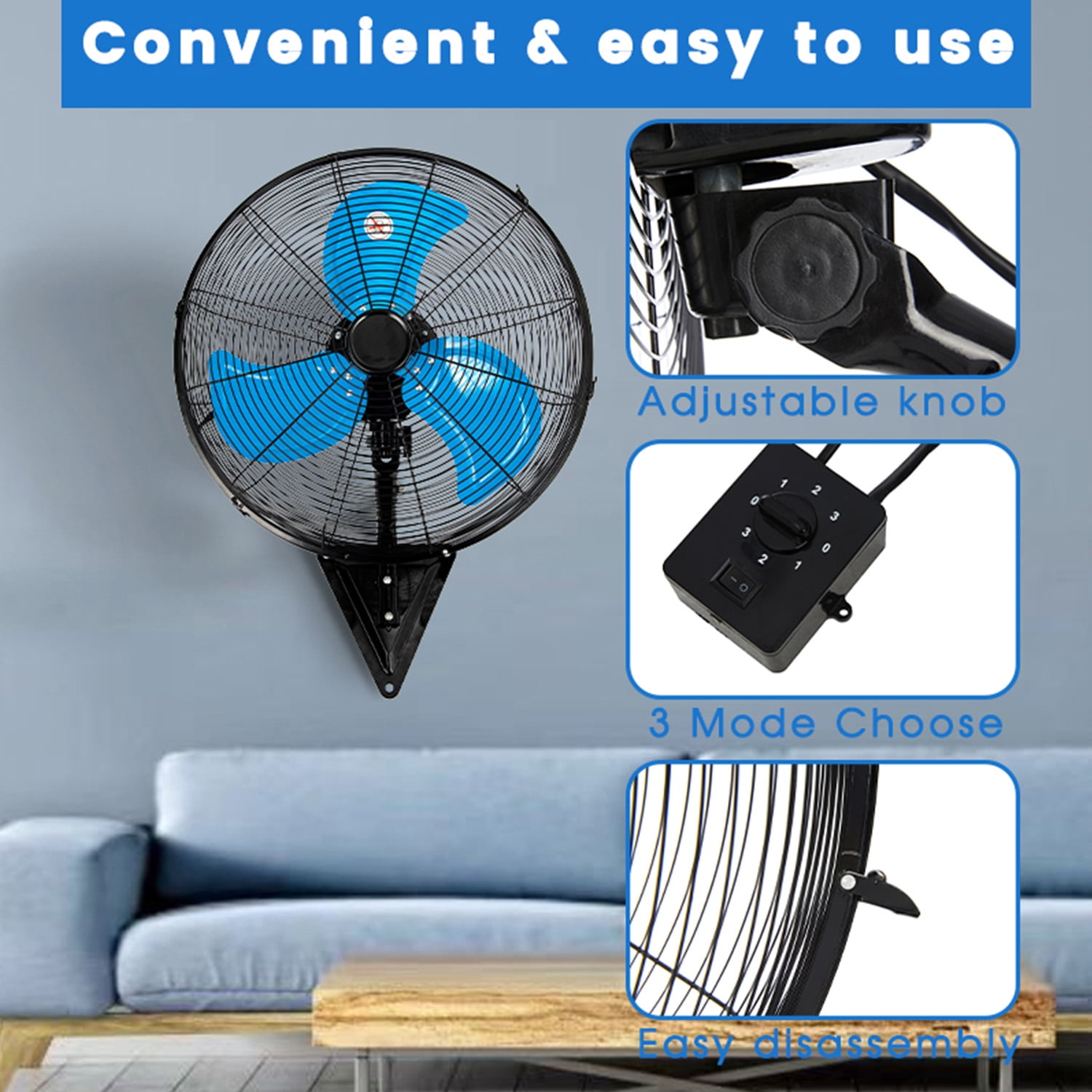 20in Wall Mount Fan, 3-Speed Industrial Wall Fan up to 7000CFM, 120°Oscillating High Airflow Cooling Fan for Garage,Home,Warehouse, Indoor/Outdoor Use, Blue