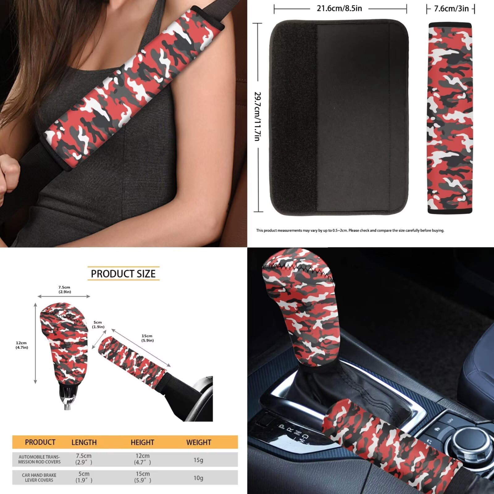 FKELYI Camo Red Print Car Seat Covers with Steering Wheel Cover Seatbelt Pads Cover Cup Coaster Armrest Pads Hearest Cover Anti-Slip Gear Shift Knob Sleeve, 16 Pcs Car Interior Set