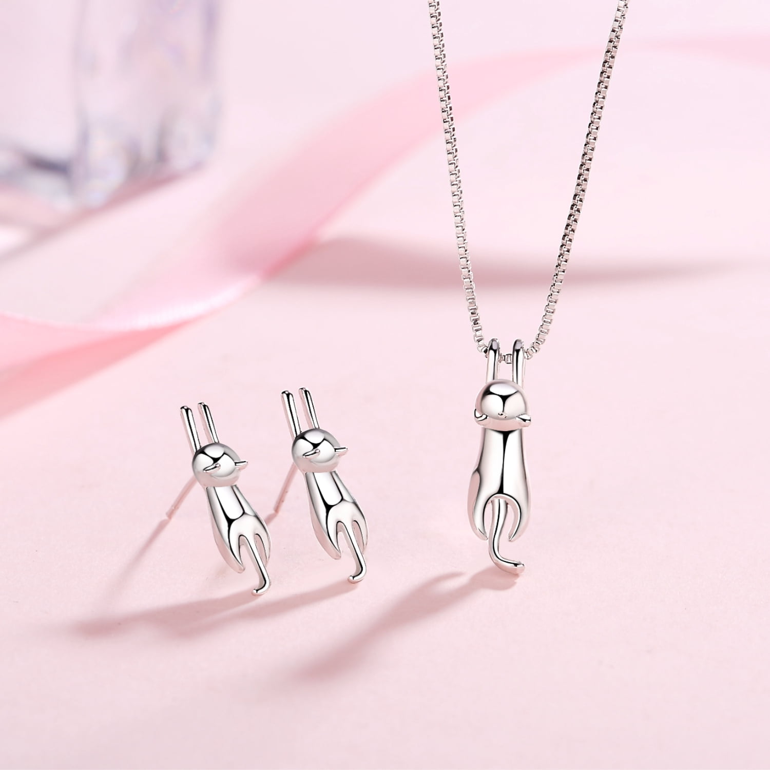 Bracelet Cat Lovers Necklace Earrings ISAACSONG.DESIGN Sterling Silver Cat Kitty Jewelry Set Ring Set for Women