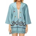 thumbnail image 2 of Moda mujer Casual encaje empalme dobladillo Retro estampado media manga suelta cárdigan Tops abrigo Pompotops qwe20726, 2 of 9
