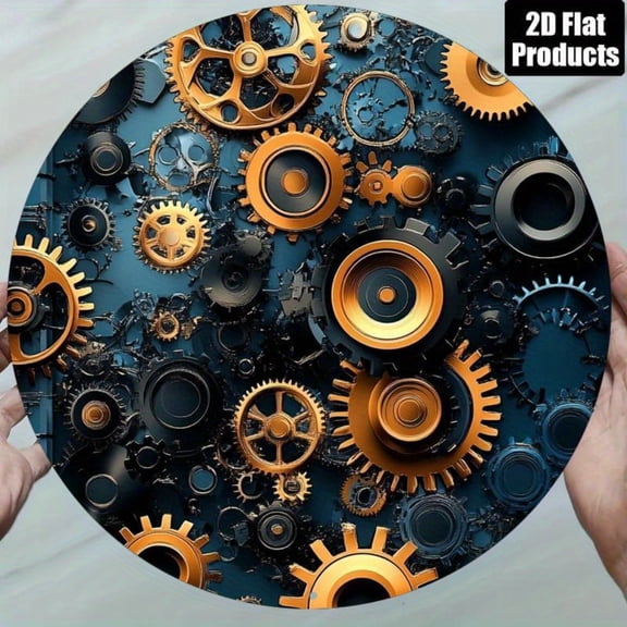 HELLOYOUNG Steampunk Metal Wall Art 8x19 Inch Round Vintage Industrial Gear Decor with Blue Gold Accents Flat 2D Wall Sculpture