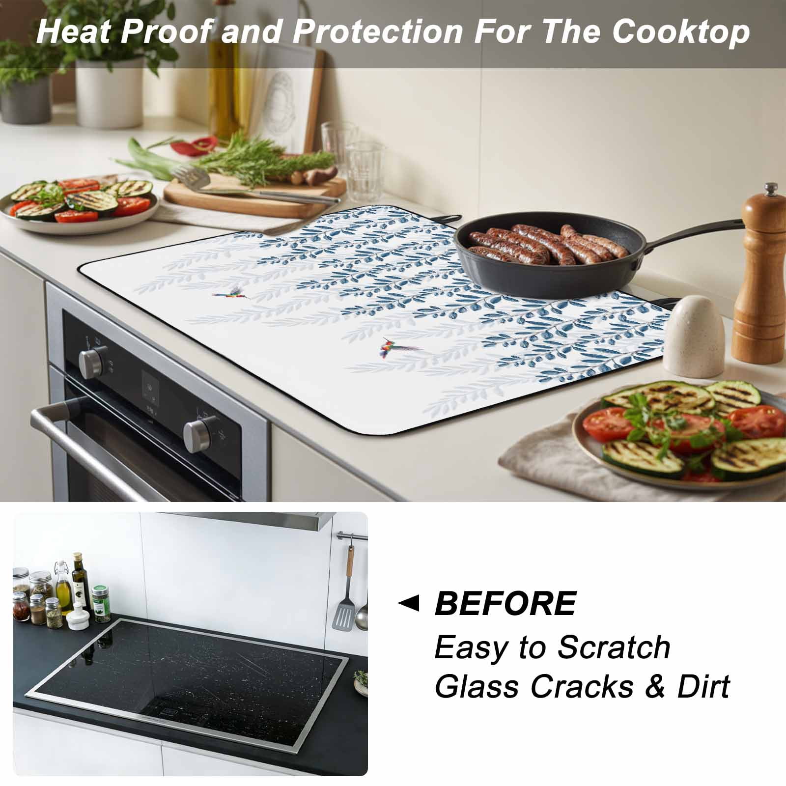 Blue Botanical Stove Top Cover for Electric Stove, Heat-proof & Non Slip Glass Top Stove Cover Protector, Pastoral Spring Floral Summer Birds Kitchen Flat Cooktop Rubber Mat 31x24 Inches