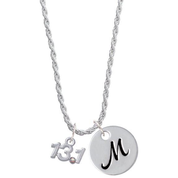 Delight Jewelry Silvertone Half Marathon - 13.1 with Clear AB Crystal Silvertone Script Initial Disc - M - Charm Necklace, 20"+3"
