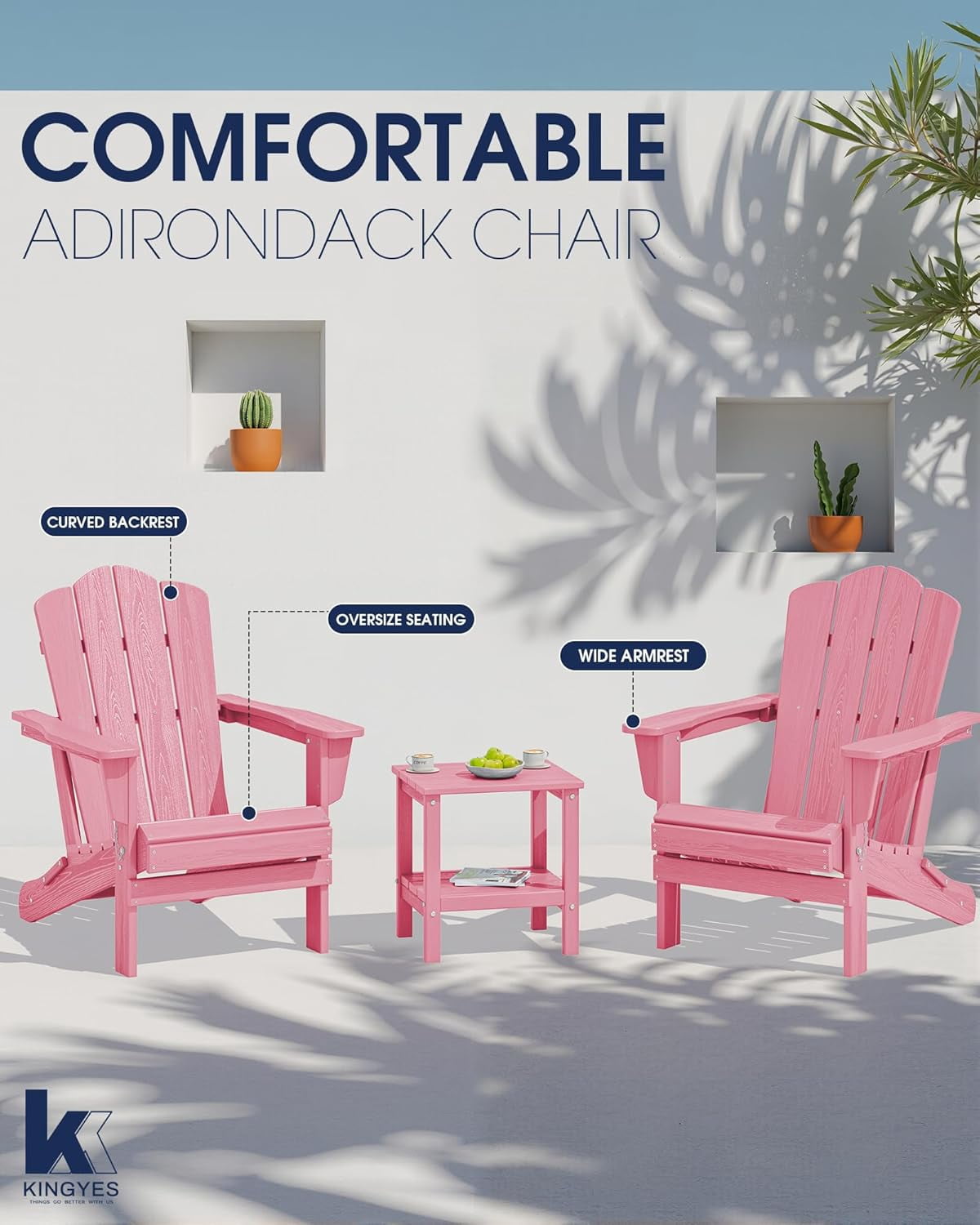 SONGMY Folding Adirondack Chair, HDPE All-Weather Patio Chairs, Wooden Textured Lawn Chair for Poolside, Backyard, Deck, Fire Pit, Light Pink
