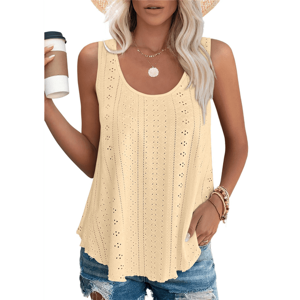 Camisetas Sin Mangas para Mujer, con Bordado de Ojales, Cuello Redondo, Corte Holgado, Informal, de Verano, Fluidas Amarillo S