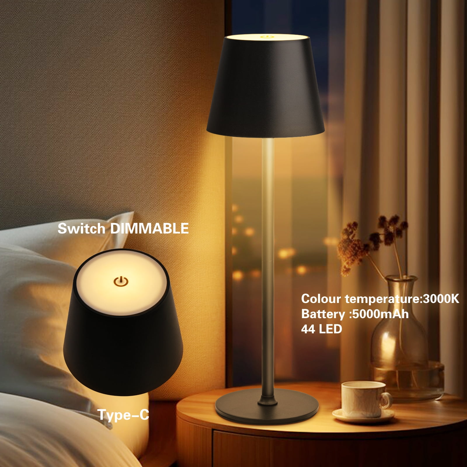 Ikfashoni Cordless Rechargeable 15"Table Lamps, 3 Levels Brightness Desk Lamp for Bedroom Office, Black