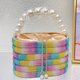 thumbnail image 5 of Bolso de mujer de lujo y brillante con diseño de arcoíris, tipo cesta, con perlas, de satén de seda y metal, tipo cubo, tipo bandolera, 5 of 5
