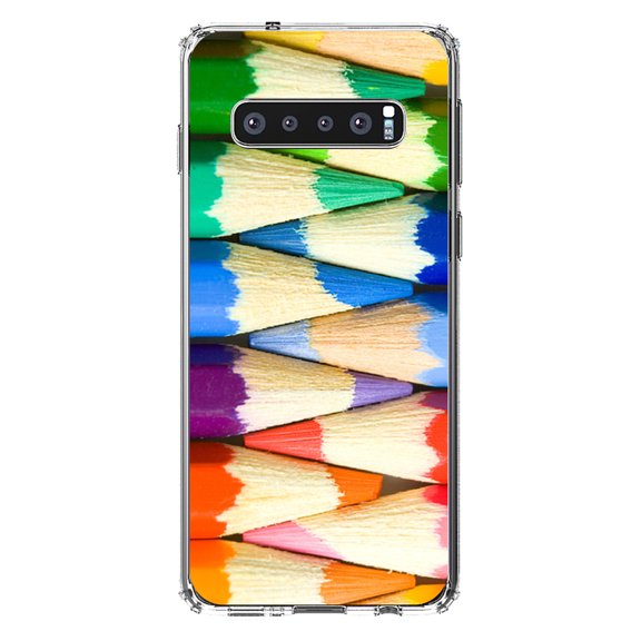 DistinctInk Clear Shockproof Hybrid Case for Samsung Galaxy S10  PLUS(6.4" Screen) - TPU Bumper, Acrylic Back, Tempered Glass Screen Protector - Rainbow Colored Pencils - Rainbow Art Supplies
