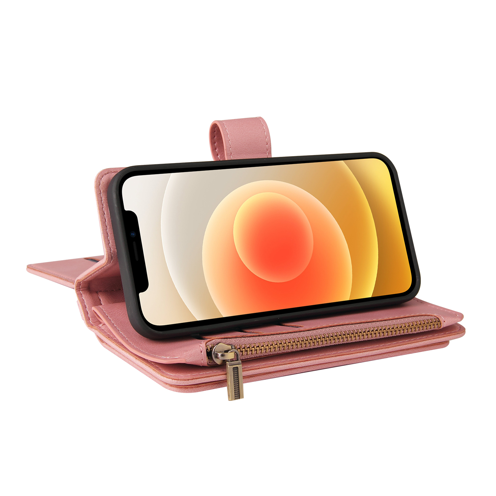 Wallet Case for iPhone 12 / 12 Pro, Magnetic Zipper Pouch Premium PU Leather with Kickstand Wallet Flip Shockproof Phone Case Wrist Strap Card Slots Holder Pocket iPhone 12 / 12 Pro,
Pink