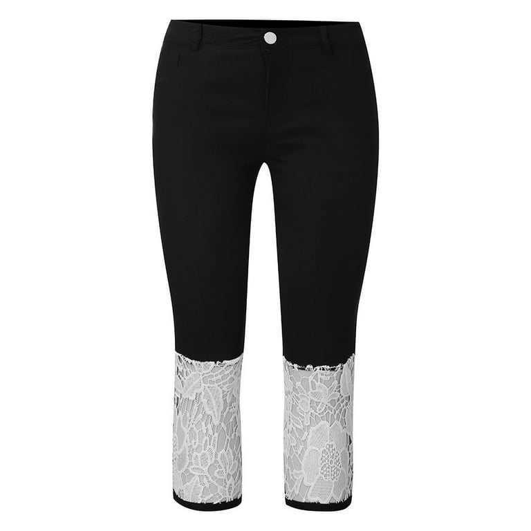 Women's Capri Jeans Lace Trim Hem Stretch Mid-Rise Skinny Cropped Denim  Pants Capris Super Comfy Butt Lift Leggings 