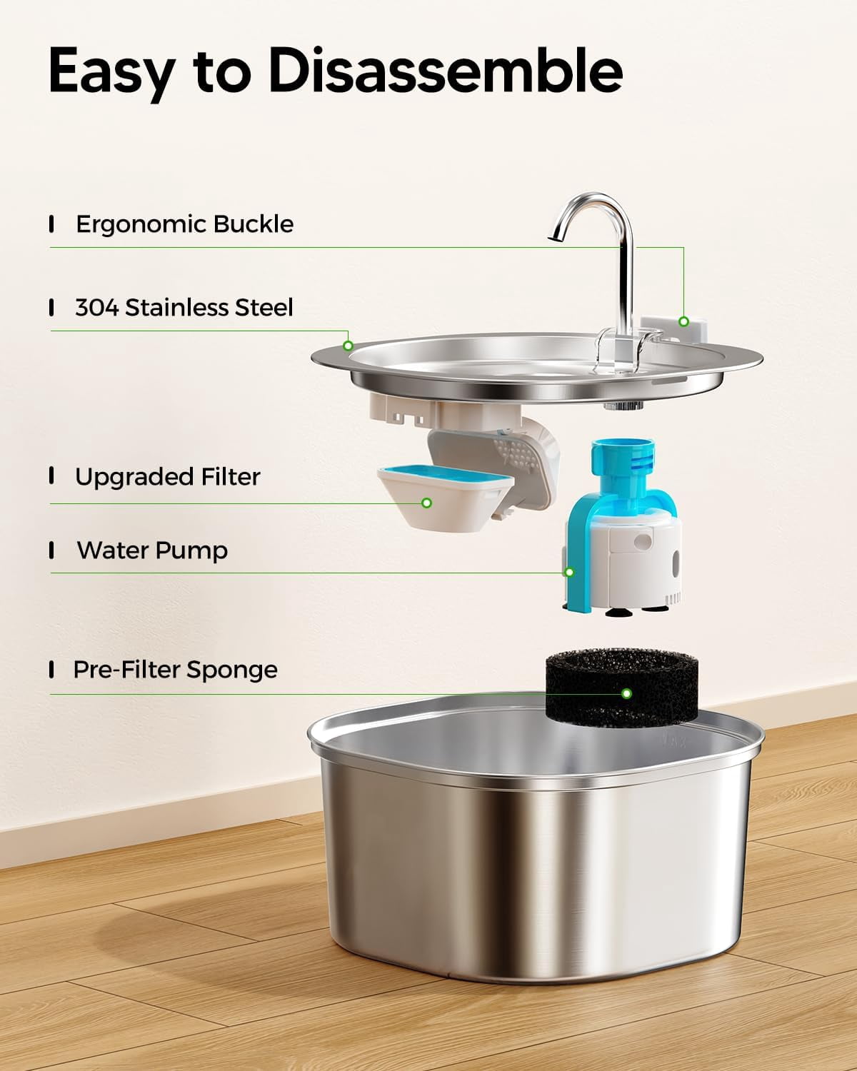Cat Water Fountain, 3.2L/108oz Stainless Steel Pet Water Fountain for Cats Indoor, Dog Drinking Dispenser Metal Kitty Spout with 3 Filters+ 3 Sponges
