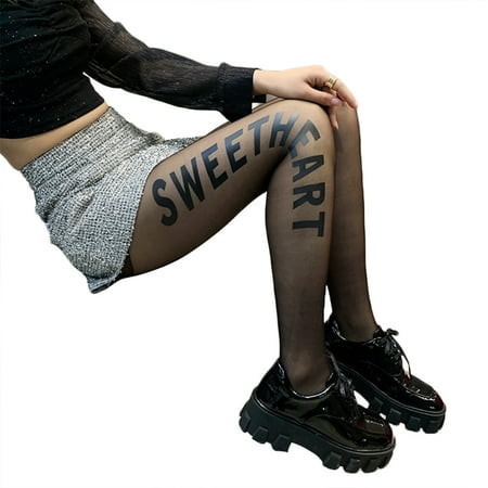 

Women Sexy Ultra-Thin Sheer Tattoo Tights Girls No Sweetheart Letters Printed Silky Footed Stockings Dance Party Black Nude Pantyhose Clubwear