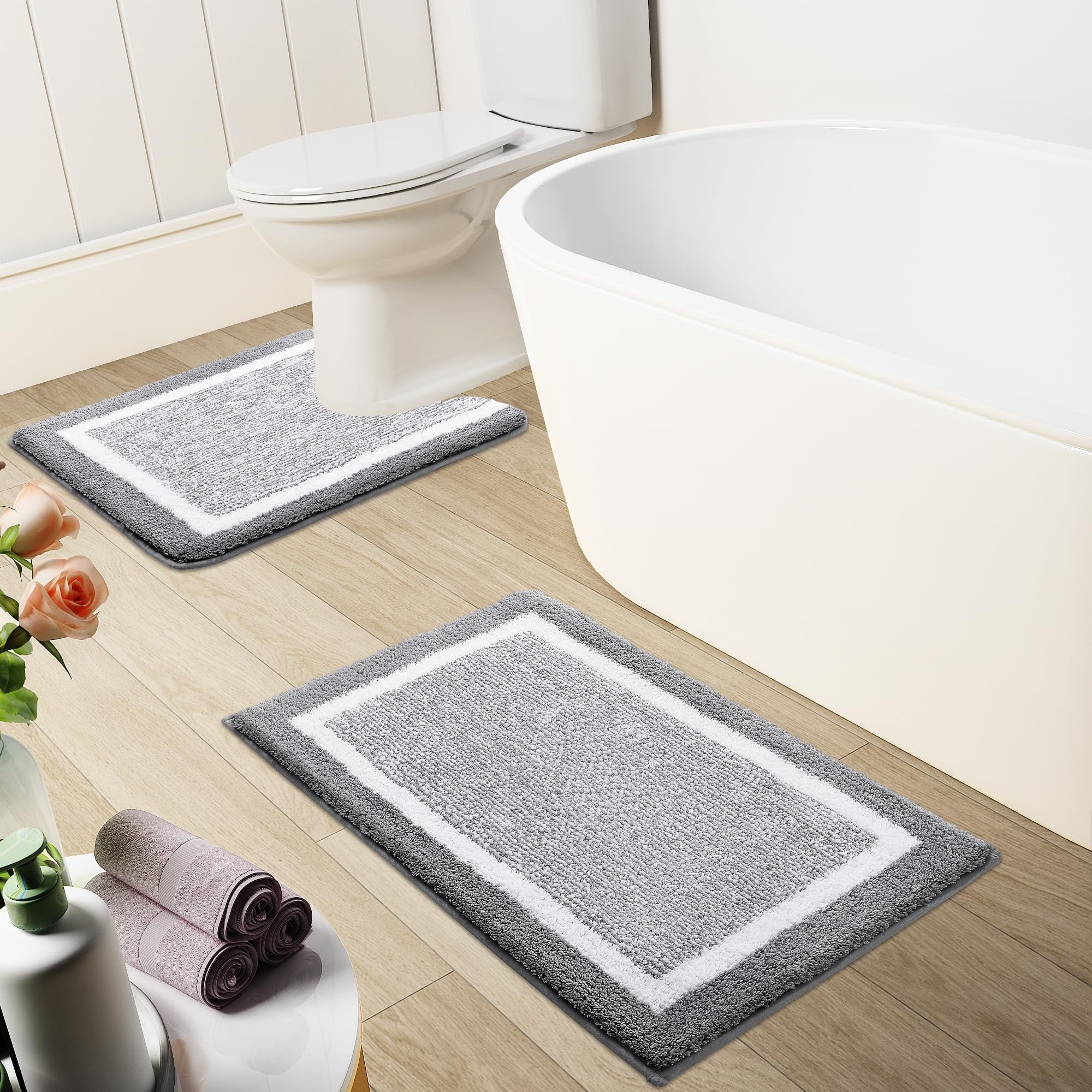 Smiry U-Shaped Luxury Bathroom Rugs, Ultra Soft and Absorbent Microfiber Contour Bath Rug, Non-Slip Machine Washable Toilet Rug, 24"x20", Grey and White