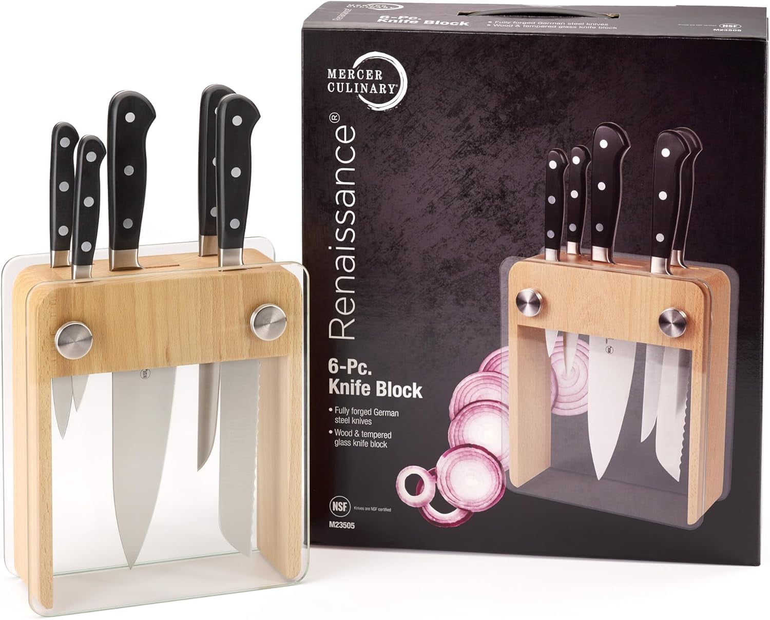 Mercer Culinary Renaissance 6-Piece Forged Knife Block Set, Wood Block with Tempered Glass