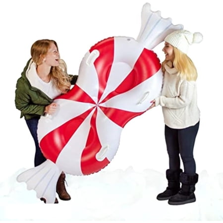 Winter Sledding Jumbo Inflatable Peppermint Snow Sled for 2 Person. 77 inch Wide SnowCandy Sled with Handles for Adults, Teens or Kids. Made from Heavy-Duty PVC for Extreme Strenght.