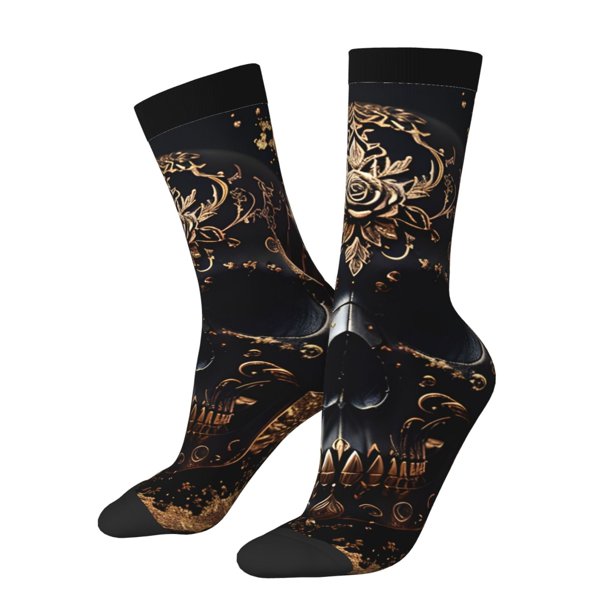Balery Gold Pattern Black Skull Calcetas Largas con Estampado para Hombre y Mujer – Suaves y Transpirables, Talla Única (US 5-11)